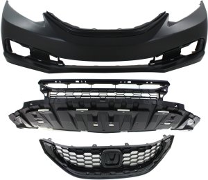 Front Bumper Cover for Honda Civic 2013-2015, 3-Piece Kit, Primed (Ready to Paint), with Fog Light Holes, Without Parking Aid Sensor Holes, Includes Bumper Grille and Grille, Replacement
