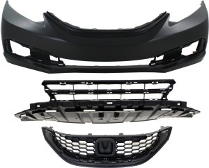 Front Bumper Cover for Honda Civic 2013-2015, 3-Piece Kit with Bumper Grille and Grille, Replacement