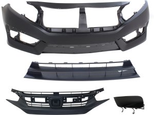 Front Bumper Cover Kit for 2016-2018 Honda Civic, 4-Piece Set with Bumper Filler, Bumper Grille and Grille Assembly Replacement