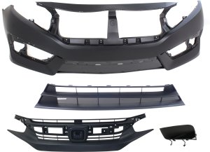 Front Bumper Cover Kit for 2016-2018 Honda Civic, 4-Piece Set with Bumper Filler, Bumper Grille and Grille Assembly Replacement