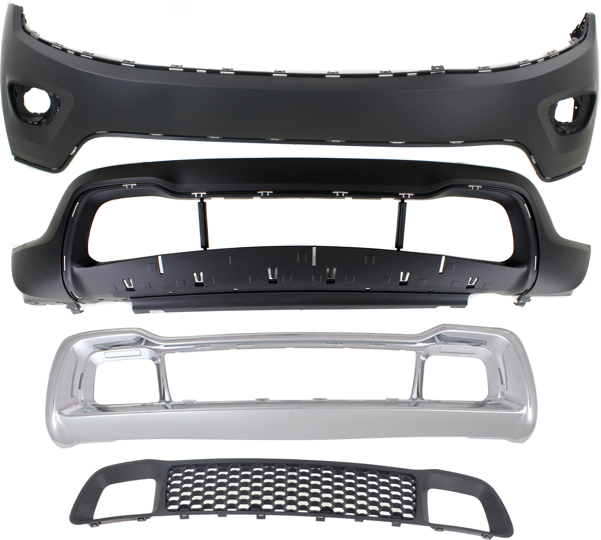 Front Bumper Cover for Jeep Grand Cherokee 2014-2016, Upper and Lower, Primed (Ready to Paint) Top; Textured Bottom, 4-Piece Kit with Bumper Grilles Replacement