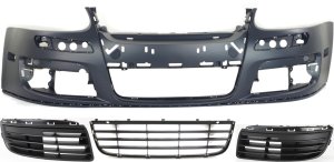 Front Bumper Cover Kit for 2005-2010 Volkswagen Jetta, Primed (Ready to Paint), with Fog Light Holes, 4-Piece, Including Bumper Grille & Fog Light Covers, Replacement