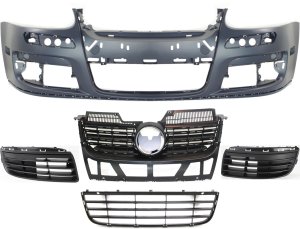 Front Bumper Cover Kit for Volkswagen Jetta 2005-2010, 5-Piece Set with Bumper Grille, Fog Light Covers and Grille Assembly, Replacement