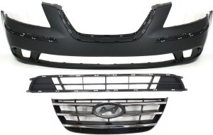 Front Bumper Cover for 2009-2010 Hyundai Sonata, 3-Piece Kit with Bumper Grille and Grille Replacement