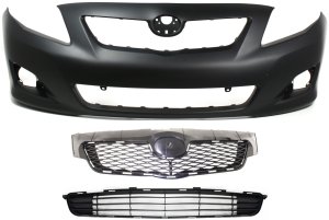 Front Bumper Cover for 2009-2010 Toyota Corolla, 3-Piece Kit with Bumper Grille and Grille, Replacement Part