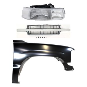 Front Fender Kit for Chevrolet Silverado 1500 (1999-2002) / Suburban 1500 (2000-2006) Right (Passenger) Side, Primed (Ready to Paint), 3-Piece with Grille and Headlight, Replacement