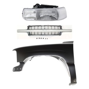 Front Fender Kit for 1999-2002 Chevrolet Silverado 1500/2500, Left (Driver) Side, Primed (Ready to Paint), 3-Piece Kit with Grille and Headlight Replacement