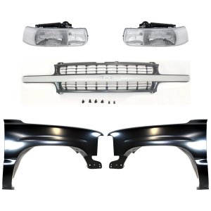 Front Fender for Chevrolet Silverado 1500/Silverado 2500 1999-2002 Right (Passenger) and Left (Driver), Primed (Ready to Paint), 5-Piece Kit with Grille and Headlights, Replacement