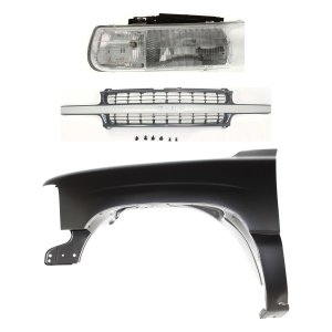 Front Fender Left (Driver) Kit for Chevrolet Silverado 1500/2500 (1999-2002) / Tahoe (2000-2006), Primed (Ready to Paint), 3-Piece with Grille and Headlight, Replacement