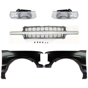 Front Fender Kit for Chevrolet Silverado 1500/2500 (1999-2002), Tahoe (2000-2006) with Right (Passenger) and Left (Driver), Primed (Ready to Paint), 5-Piece including Grille and Headlights, Replacement