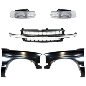 Front Fender Kit for 1999-2002 Chevrolet Silverado 1500/2500, Right (Passenger) and Left (Driver), Primed (Ready to Paint), 5-Piece with Grille and Headlights, Replacement