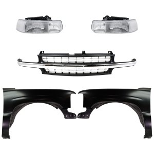 Front Fender Kit for Chevrolet Silverado 1500/2500 (1999-2002), Tahoe (2000-2006) - Right (Passenger) and Left (Driver), Primed (Ready to Paint), 5-Piece with Grille and Headlights Replacement