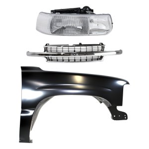 Grille Kit for 1999-2002 Chevrolet Silverado 1500/2000-2006 Suburban 1500, Chrome Shell with Black Crossbar Insert, 3-Piece Kit with Fender and Headlight Replacement