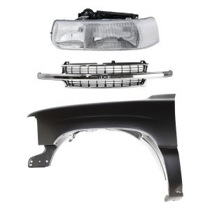 Grille Cross Bar Insert Kit for Chevrolet Silverado 1500 (1999-2002) and Suburban 1500 (2000-2006), Chrome Shell with Black Insert, 3-Piece Set, Includes Fender and Headlight Replacement