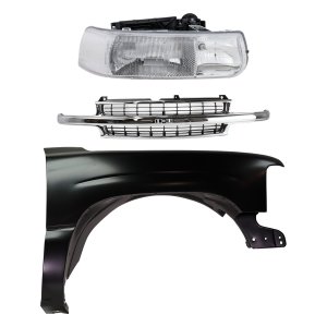 Grille Kit for Chevrolet Silverado 1500 (1999-2002) / Suburban 1500 (2000-2006), Cross Bar Insert, Chrome Shell with Black Insert, 3-Piece, with Fender and Headlight Replacement