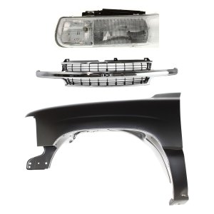 Grille for Chevrolet Silverado 1500 (1999-2002) and Suburban 1500 (2000-2006), 3-Piece Kit with Fender and Headlight, Cross Bar Insert, Chrome Shell with Black Insert Replacement