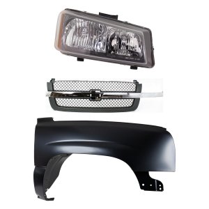 Front Fender for Chevrolet C/K Full Size Pickup 2003-2007, Right (Passenger), Primed (Ready to Paint), 3-Piece Kit with Grille and Headlight Replacement
