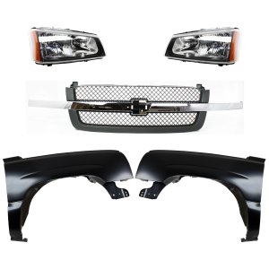 Front Fender Kit for Chevrolet C/K Full Size Pickup 2003-2007, 5-Piece Set with Grille Assembly and Headlights, Right (Passenger) and Left (Driver) Side, Replacement