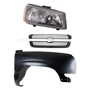 Front Fender Kit for 2003-2007 Chevrolet C/K Full Size Pickup, Right (Passenger), Primed (Ready to Paint), 3-Piece with Grille and Headlight, Replacement