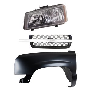 Front Fender Primed (Ready to Paint) 3-Piece Kit for Chevrolet C/K Full Size Pickup 2003-2007, Left (Driver) with Grille and Headlight, Replacement