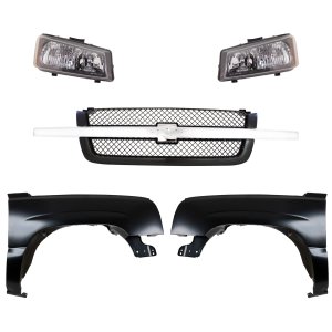 Front Fender Kit for 2003-2007 Chevrolet C/K Full Size Pickup, Right (Passenger) and Left (Driver), Primed (Ready to Paint), 5-Piece Kit with Grille and Headlights, Replacement