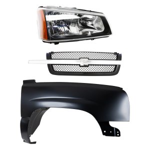 Front Fender Kit for 2003-2007 Chevrolet C/K Full Size Pickup, Right (Passenger), Primed (Ready to Paint) 3-Piece Kit with Grille and Headlight Replacement