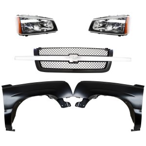Front Fender Kit for Chevrolet C/K Full Size Pickup 2003-2007, Right (Passenger) and Left (Driver), Primed (Ready to Paint), 5-Piece with Grille and Headlights, Replacement