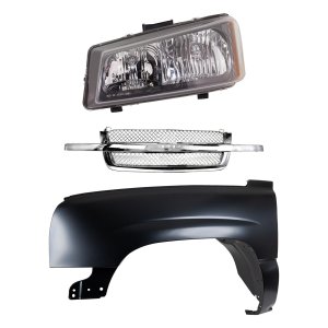 Front Fender for 2003-2007 Chevrolet Silverado Left (Driver), 3-Piece Kit, Primed (Ready to Paint), Steel, with Grille and Headlight, Replacement