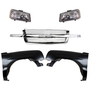 Front Fender Right (Passenger) and Left (Driver) for Chevrolet Silverado 2003-2007, 5-Piece Kit with Grille Assembly and Headlights, Replacement 