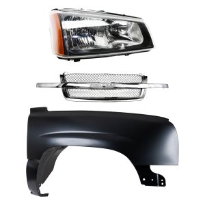 Front Fender Right (Passenger) for Chevrolet Silverado 2003-2007, 3-Piece Kit, Primed (Ready to Paint), Steel, with Grille and Headlight, Replacement