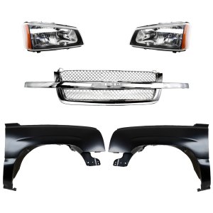 Front Fender for Chevrolet Silverado 2003-2007, Right (Passenger) and Left (Driver), 5-Piece Kit with Grille Assembly and Headlights, Replacement