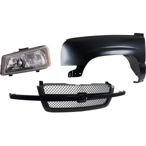 Front Fender for Chevrolet Silverado 1500 2004, Left (Driver) Side, 3-Piece Kit, Primed (Ready to Paint), Steel, Comes with Grille and Headlight Replacement