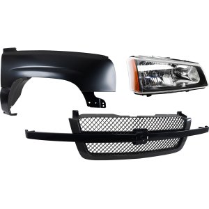 Front Fender Right (Passenger) for CHEVROLET SILVERADO 1500, 2004, 3-Piece Kit, Primed (Ready to Paint), Steel, with Grille and Headlight Replacement
