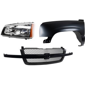 Front Fender for Chevrolet Silverado 1500 2004, Left (Driver) Side, 3-Piece Kit, Primed (Ready to Paint), Steel, with Grille and Headlight, Replacement