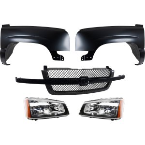 Front Fender for Chevrolet Silverado 1500 2004, Right (Passenger) and Left (Driver), 5-Piece Kit with Grille and Headlights, Replacement