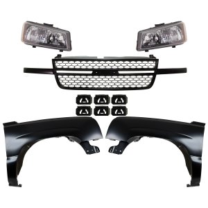 Front Fender Kit for 2003-2007 Chevrolet C/K Full Size Pickup, Right (Passenger) and Left (Driver), 5-Piece, Primed (Ready to Paint), with Grille and Headlights Replacement