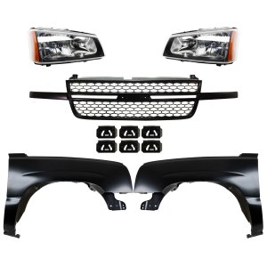 Front Fender Kit for 2003-2007 Chevrolet C/K Full Size Pickup, Right (Passenger) and Left (Driver), Primed (Ready to Paint), 5-Piece Kit with Grille and Headlights, Replacement