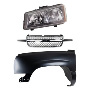 Front Fender Left (Driver) 3-Piece Kit for 2003-2007 Chevrolet Silverado, Primed (Ready to Paint), Steel, with Grille and Headlight, Replacement