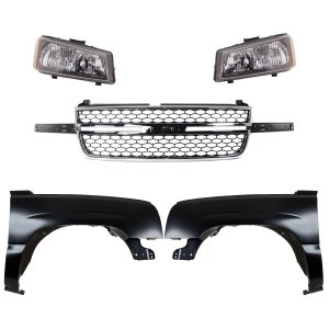 Front Fender for Chevrolet Silverado 2003-2007 Right (Passenger) and Left (Driver) 5-Piece Kit with Grille Assembly and Headlights Replacement