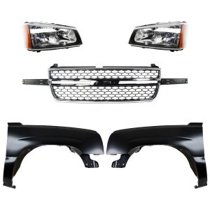 Front Fender Right (Passenger) and Left (Driver) for Chevrolet Silverado (2003-2007), 5-Piece Kit with Grille Assembly and Headlights - Complete Replacement Set