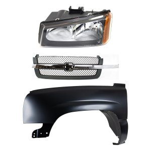 Front Fender Kit for 2003-2007 Chevrolet Silverado Left (Driver), Primed (Ready to Paint), 3-Piece with Grille and Headlight, Replacement