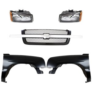 Front Fender Kit for Chevrolet C/K Full Size Pickup 2003-2007, Right (Passenger) and Left (Driver), Primed (Ready to Paint), 5-Piece with Grille and Headlights, Replacement