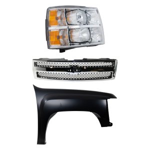 Front Fender Right (Passenger) for Chevrolet Silverado 1500 (2007-2013), Primed (Ready to Paint), 3-Piece Kit with Grille and Headlight, Replacement