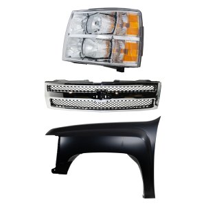 Front Fender Replacement Kit for Chevrolet Silverado 1500 2007-2013, Left (Driver), Primed (Ready to Paint), 3-Piece with Grille and Headlight