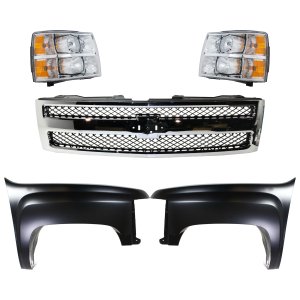 Front Fender for Chevrolet Silverado 1500 (2007-2013), Right (Passenger) and Left (Driver), 5-Piece Kit, Primed (Ready to Paint), with Grille and Headlights, Replacement