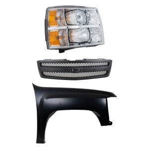 Front Fender Kit for Chevrolet Silverado 1500 (2007-2013), Right (Passenger), 3-Piece Set, Primed (Ready to Paint), Steel, Includes Grille and Headlight, Replacement