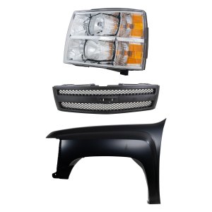 Front Fender for Chevrolet Silverado 1500 2007-2013 Left (Driver), 3-Piece Kit, Primed (Ready to Paint), Steel, with Grille and Headlight, Replacement