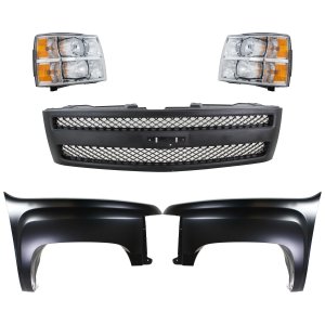 Front Fender Right (Passenger) and Left (Driver) for 2007-2013 Chevrolet Silverado 1500, 5-Piece Kit with Grille Assembly and Headlight Replacement