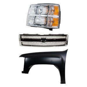 Grille, Fender, and Headlight 3-Piece Kit for 2007-2013 Chevrolet Silverado 1500, Replacement Auto Parts