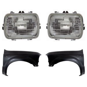 Front Fender Kit for Ford F-250/F-350/F-450 Super Duty 1999-2004, Right (Passenger) and Left (Driver), Primed (Ready to Paint), 4-Piece with Headlights, Replacement